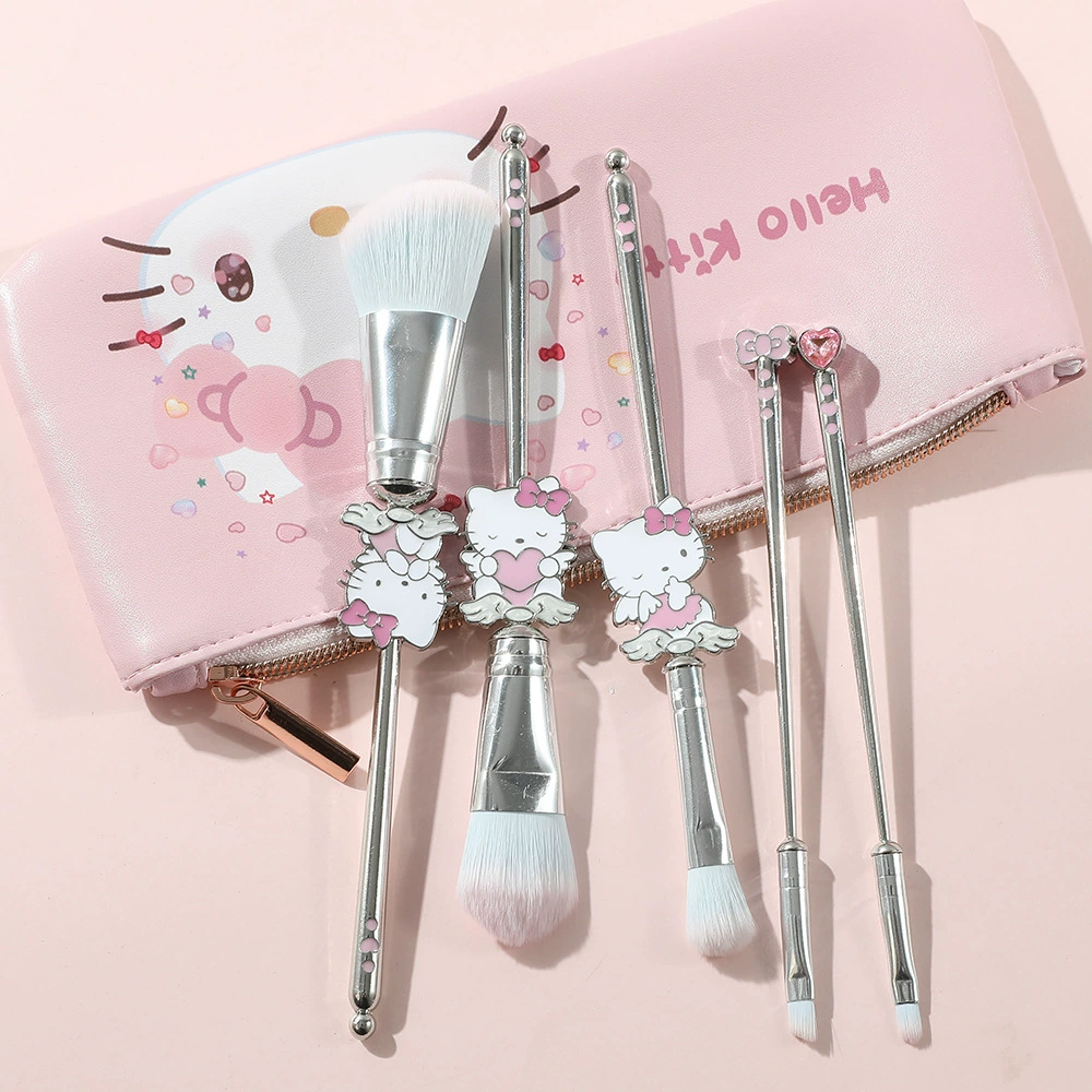 Набор кистей для макияжа (Hello Kitty) — 5 предметов с косметичкой, розовое золото или серебро
