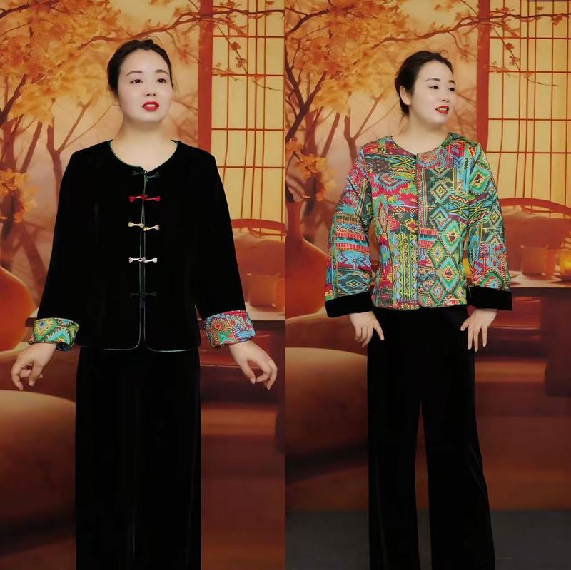 新中式真丝丝绒桑蚕丝提花国风女装春秋外套双面双穿高级中式上衣|undefined