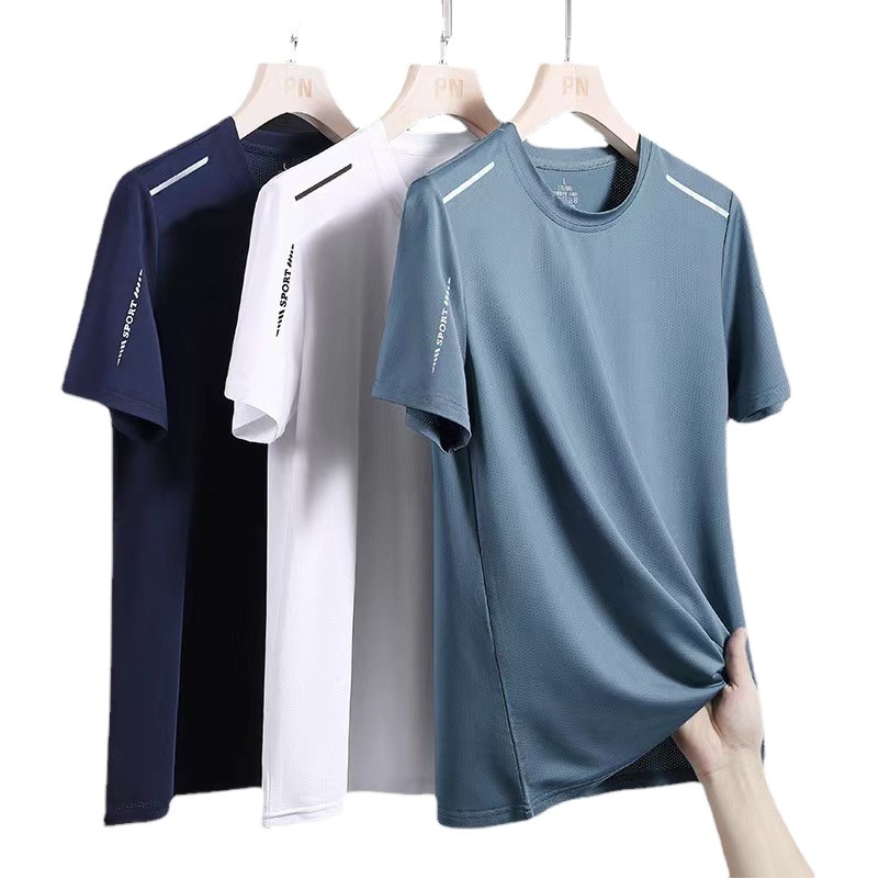 Camiseta de manga corta de seda helada para hombre, camiseta informal deportiva de secado rápido de alta elasticidad, holgada, de color puro, de verano, de media manga