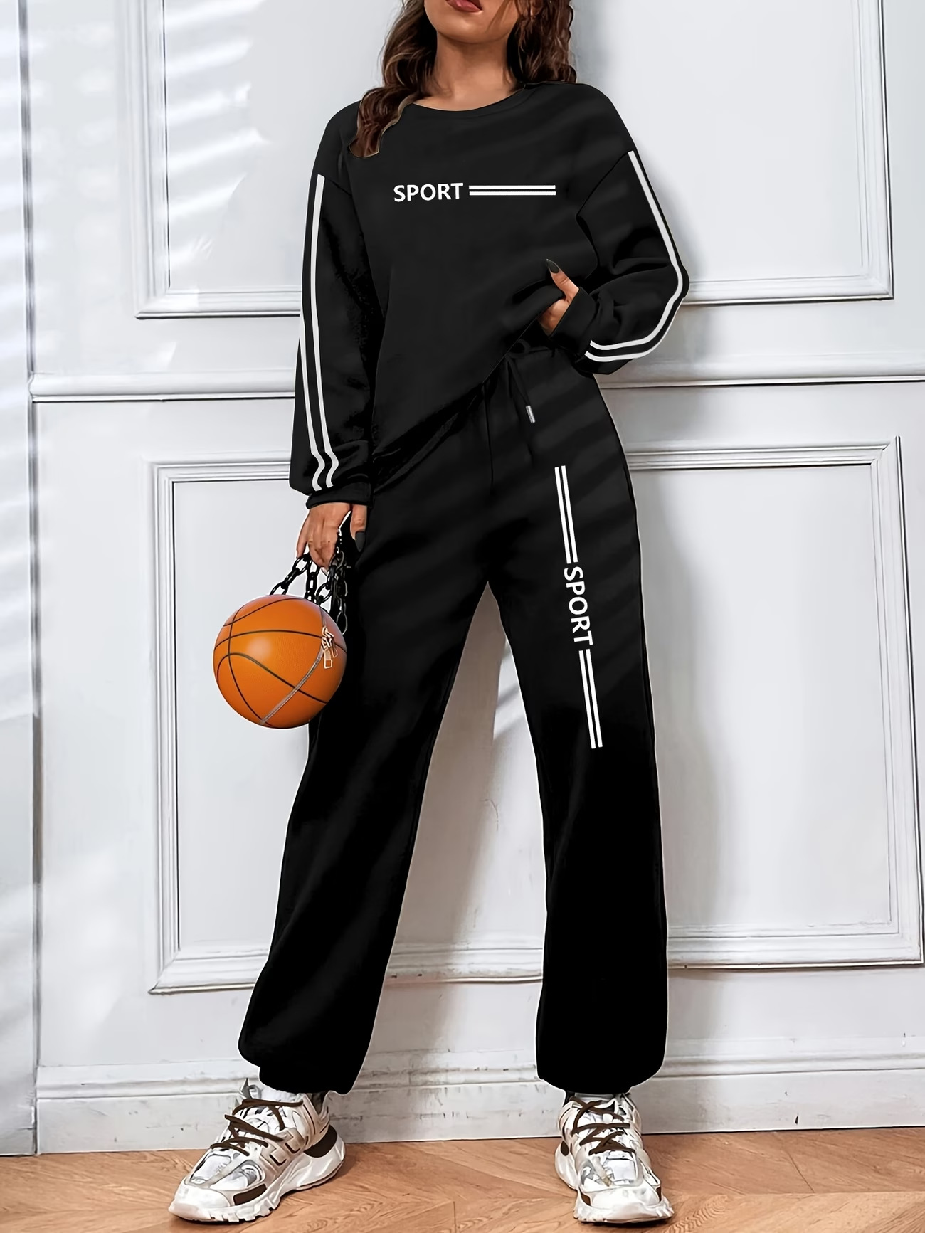 Women's Fleece Lined Tracksuit Long Sleeved Autumn Winter Fashion Letter Print Casual Set_ecoleips.com