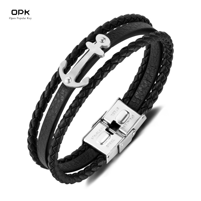 OPK欧美跨境皮手镯男不锈钢潮流时尚船锚朋克风多层皮革手链批发