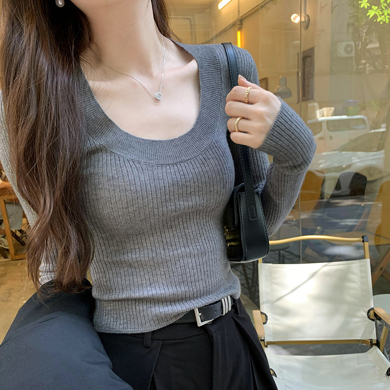 Gentle Korean Style U-Neck Knitted Bottoming Shirt for Women in Autumn and Winter, High-Bottom Low-Neck Slim-Fitting Short Top