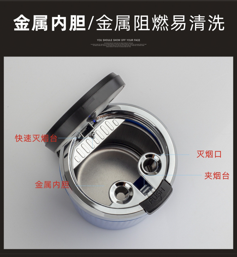 Car Ashtray with Metal Liner, One-Touch Opening Lid, Lighted Car Smoking Gadget, Non-Slip Ash, In-Car Ashtray