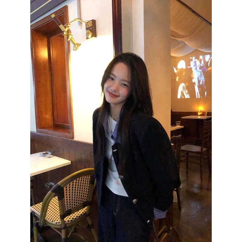 小仙倪子韩系温柔小香风女秋季新款单排扣假两件外套显瘦气质上衣|undefined