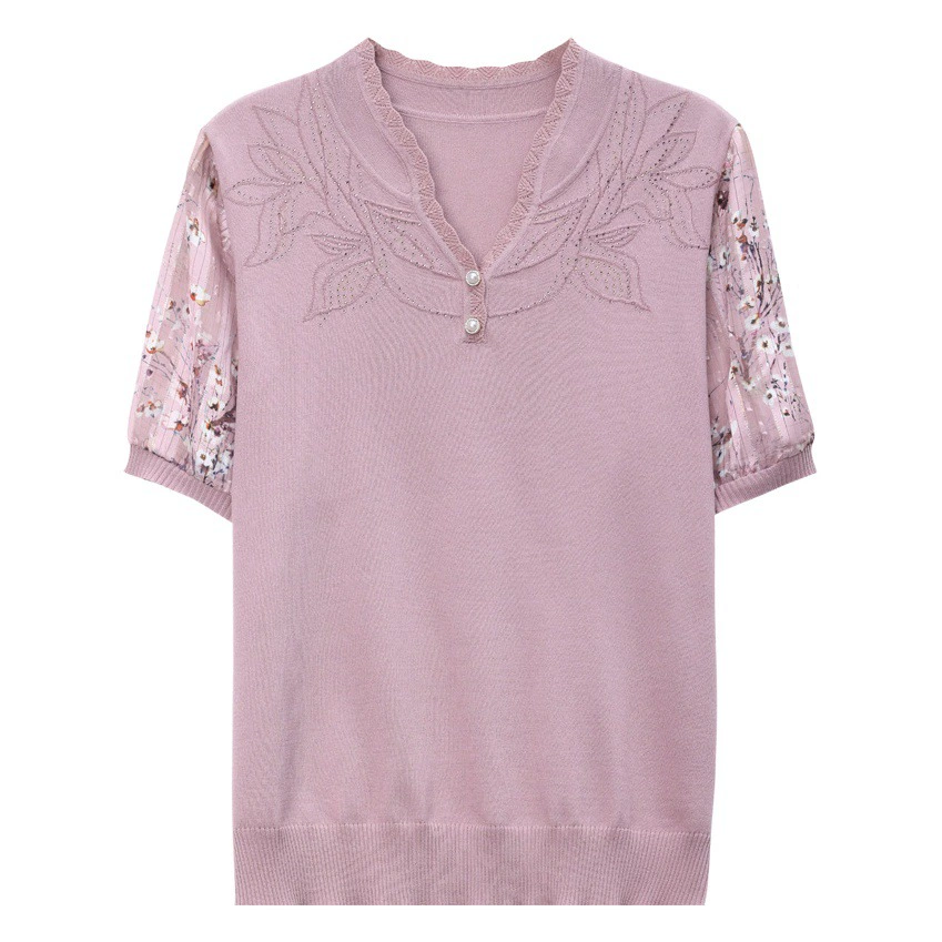 Летняя одежда для мам Футболка с короткими рукавами из ледяного шелка 2023 Новое поступление Стильный Топ для женщин среднего и пожилого возраста Тонкая рубашка с V-образным вырезом