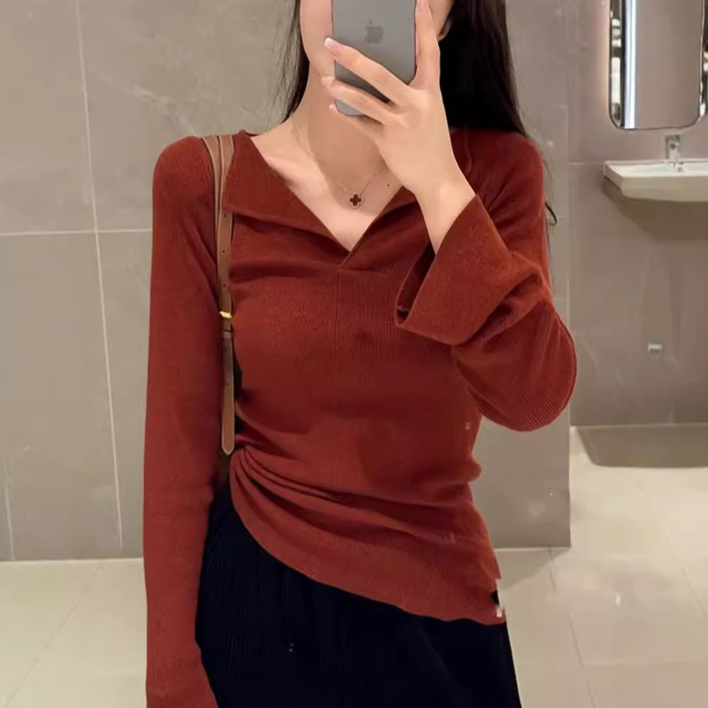 依帆泰纯色V领长袖打底衫修身显瘦毛衣针织衫女百搭微喇叭袖上衣|undefined