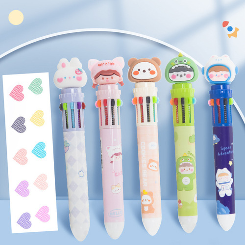 Creative ten-color ballpoint pen learning key marker pen cartoon eight-color press gel pen high-value school supplies