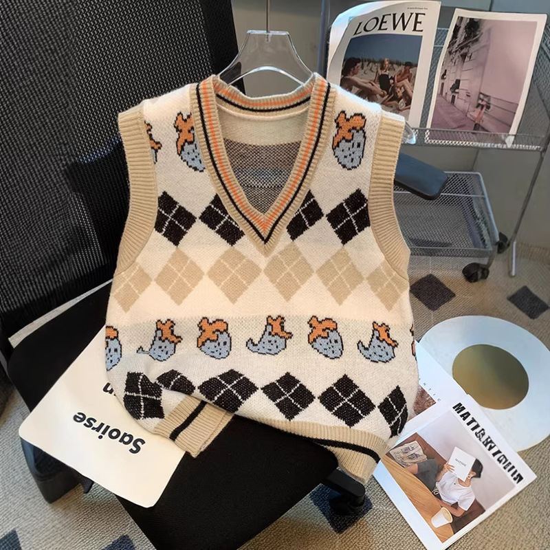 Brother's Boutique Quality Spring and Autumn New V-Neck Retro Style Versatile Sweater Vest Sleeveless Knitwear Brother's Boutique Quality Spring and Autumn New V-Neck Retro Style Versatile Sweater Vest Sleeveless Knitwear