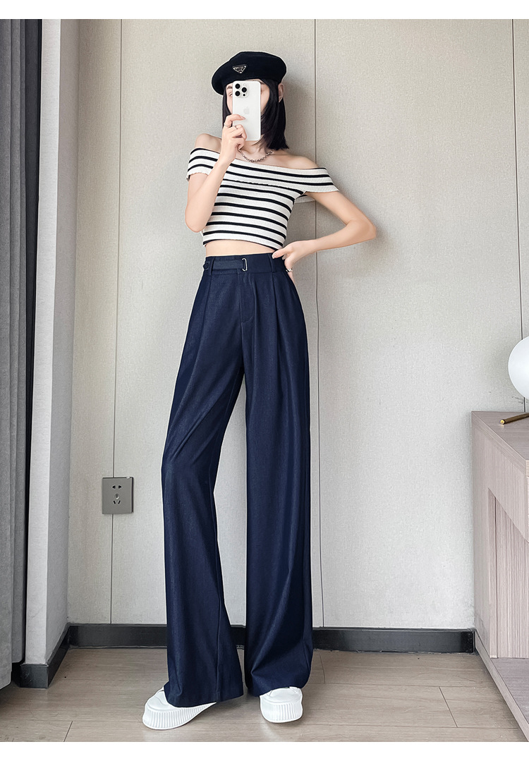 Quần jean nữ ống rộng cạp cao chất liệu mát lạnh — màu xanh đậm chi tiết 4