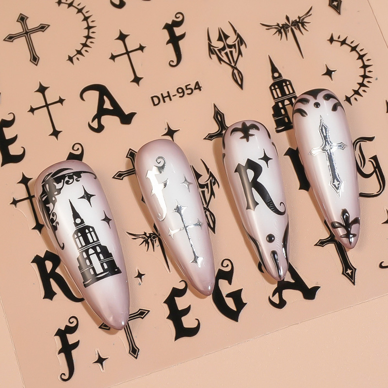 Redanco New 3D Plane Ins Internet Celebrity Nail Art Stickers Hot Stamping Silver Gothic Impression Nail Stickers Dh-954 Redanco New 3D Plane Ins Internet Celebrity Nail Art Stickers Hot Stamping Silver Gothic Impression Nail Stickers Dh-954