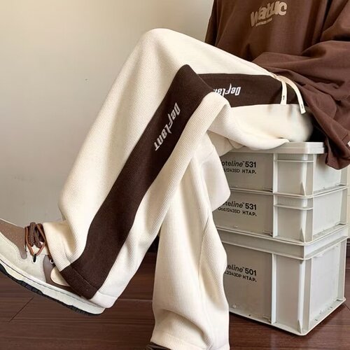 Men's Spring and Autumn Corduroy Pants, American Retro Patchwork Embroidered Sports Trousers, Loose Straight Leg Casual Long Pants for Youth