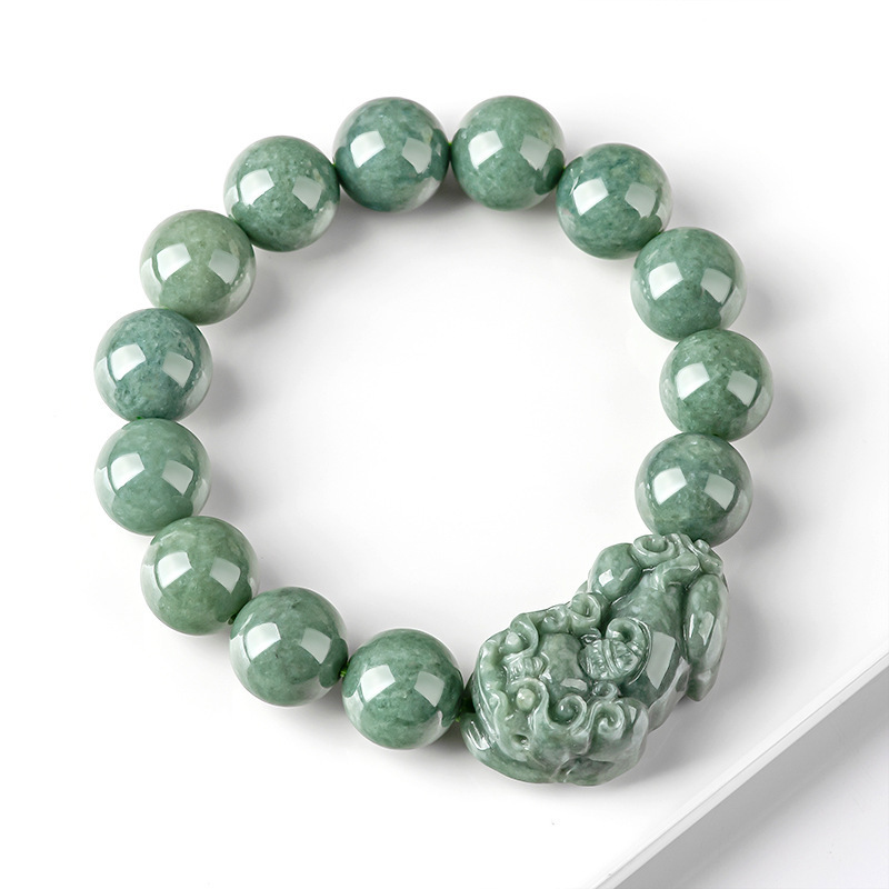Natural A-Grade Jadeite Deep Bean Green Pixiu Bracelet Ice Jade Jade Bead Bracelet Men's and Women's Hand Jewelry Wholesale