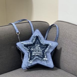 Original Design Denim Blue Five-Pointed Star Backpack Embroidered Letter Tassel Y2K Crossbody Bag