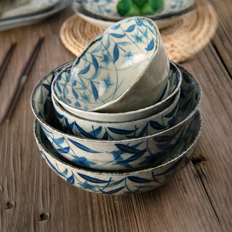 日本陶瓷餐具淡桔梗釉下彩米饭碗日式和风拉面碗餐盘大汤碗