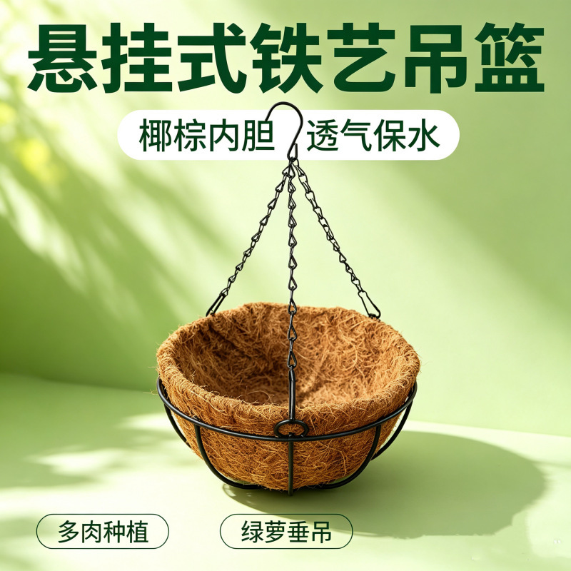 Black iron wall-mounted hanging pot with thickened coconut fiber liner, semi-circular hanging flower pot, specialized for succulents, orchids, and green plants Black iron wall-mounted hanging pot with thickened coconut fiber liner, semi-circular hanging flower pot, specialized for succulents, orchids, and green plants