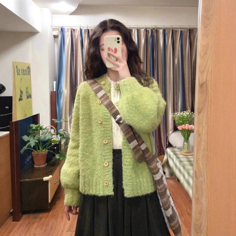 Soft and High-End Furry Avocado Green Sweater Thick Outwear for Women in Winter Super Nice Loop Velvet Knitted Cardigan