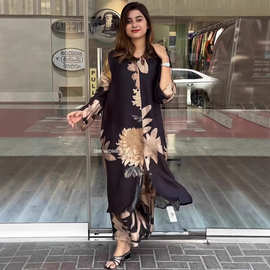 跨境独立站欧美2024春秋女性时尚休闲翻领纽扣印花衬衫长款裤子两