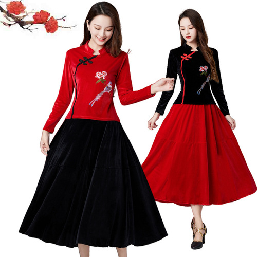 New Spring and Autumn Square Dance Costume Set, Dance Wear for Middle-Aged Adults, Gold Velvet Embroidered Performance Attire