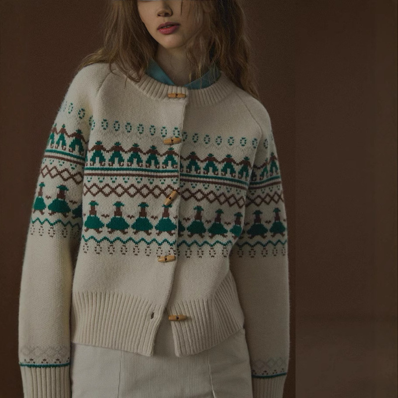 Fairisland Dance Little Man Knitted Cardigan Nordic Vintage Gentle Wind Sweater Jacket Women's Autumn and Winter