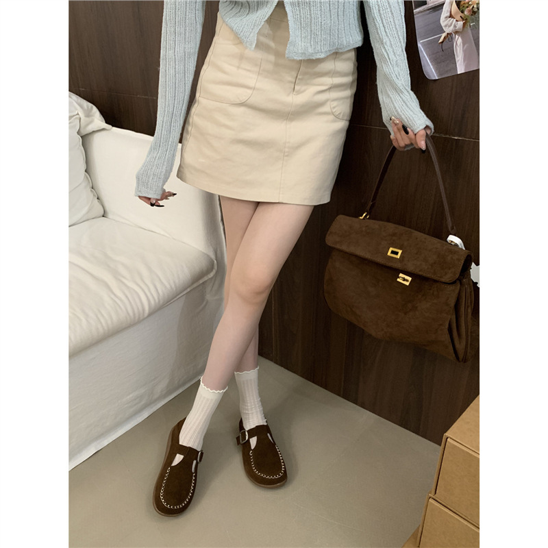 复古风绒面方头拼色乐福鞋女2025年春秋新款丁字扣带舒适浅口单鞋|undefined