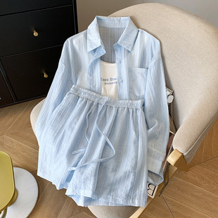 Q1E Summer Clothes with a Complete Set of Sun Protection Shirts and Suits for Women 2025 New Casual Shirts and Suspender Shorts Three