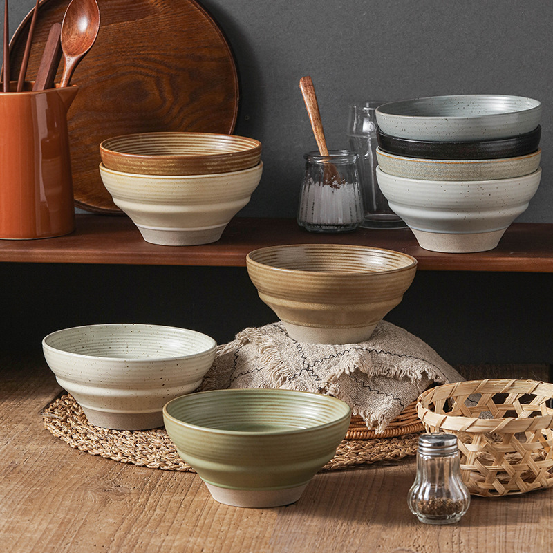 Stoneware Japanese Ceramic Ribbed Rice Bowl Dessert Snack Salad Bowl Creative Retro Tableware Wholesale Home Eating Bowl