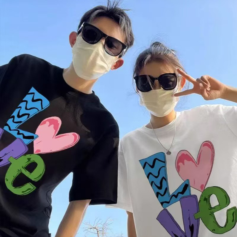 炸街情侣装高端纯棉T恤女夏季新款法式成熟风约会LOVE韩版上衣潮