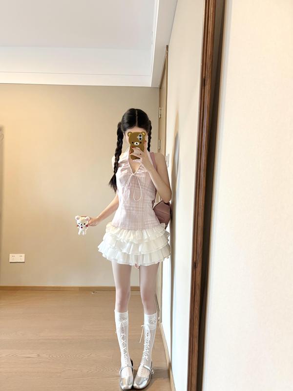 多巴胺粉色系带露背背心女设计感外穿甜辣绝美挂脖小吊带上衣|undefined