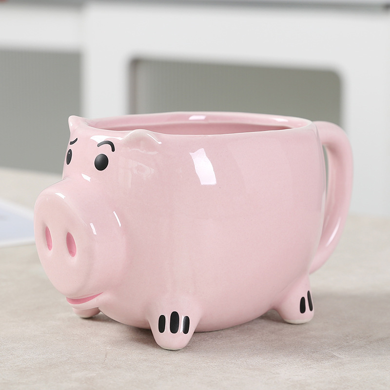 Taza de café de cerámica de porcelana blanca cuidadosamente seleccionada, taza de agua con relieve 3D de animales de dibujos animados, cerdito rosa