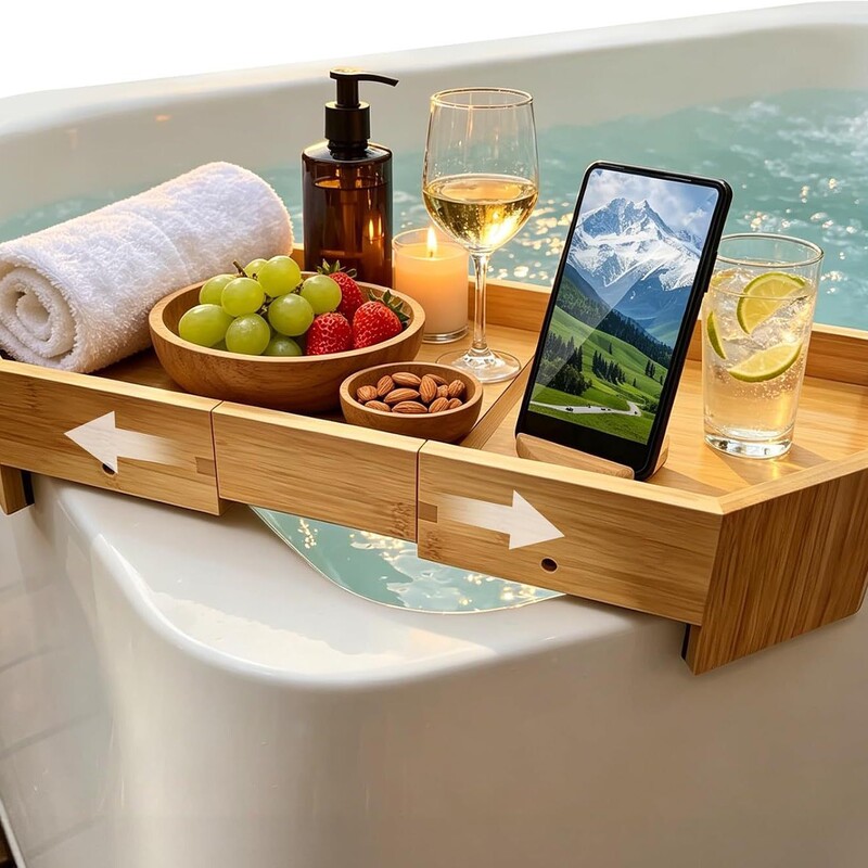 Wooden bathtub tray, multifunctional fruit and snack storage wooden rack, retractable bathtub corner tray
