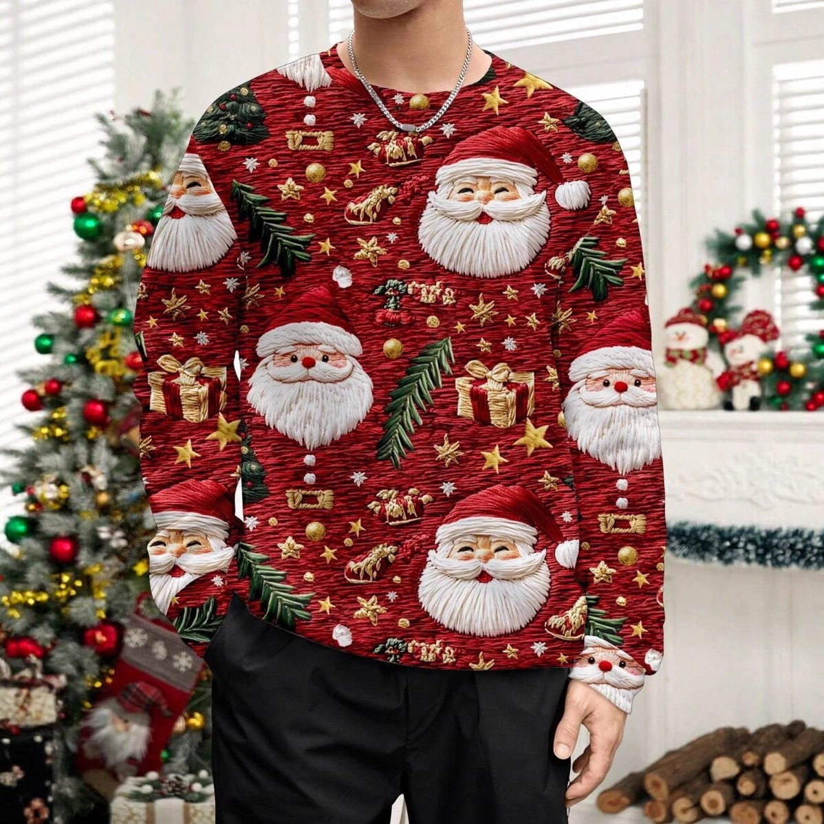 圣诞节男女同款圆领加绒卫衣欧码宽松保暖舒适百搭长袖数码印花款