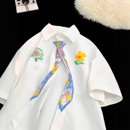 Crayon Hand-drawn Tie Short Sleeve Shirt Men Summer College Style Printed T-shirt Loose Plus Size Fun Doodle Shirt