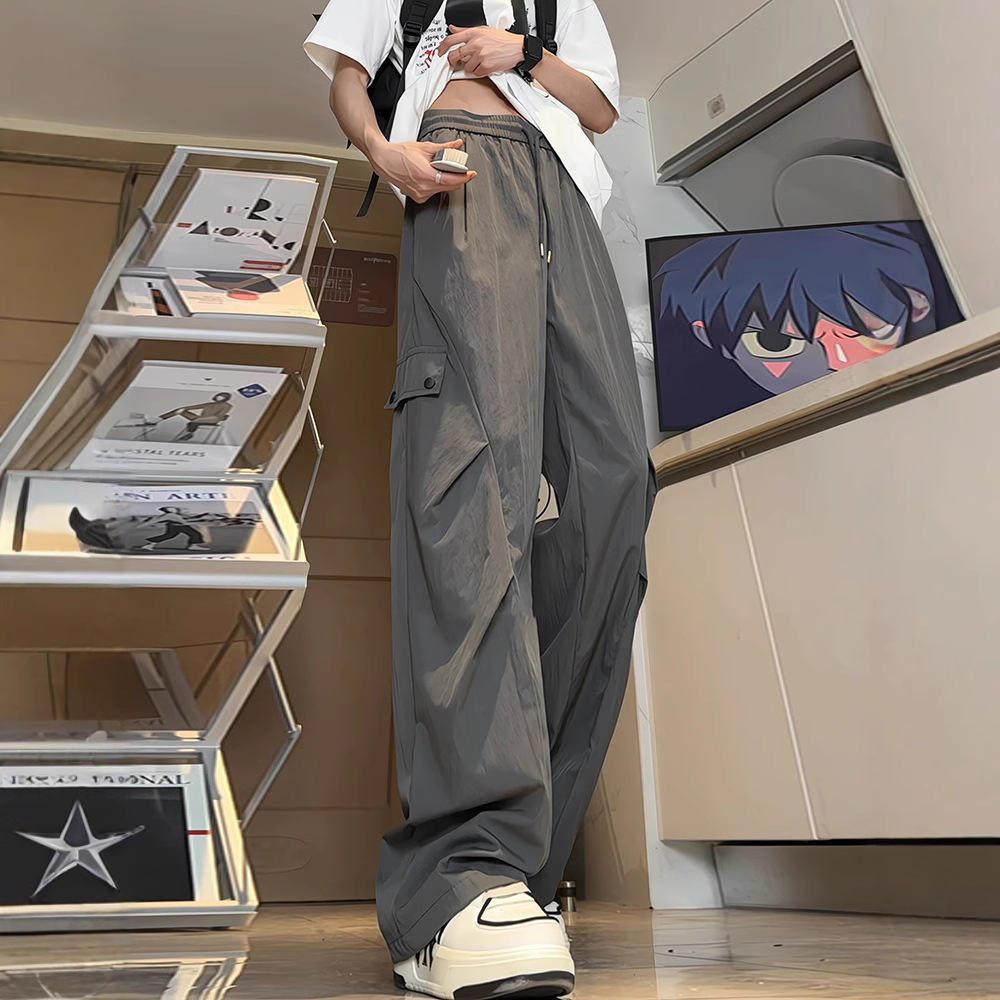 Dark Gray American-Style Cargo Pants for Men, Summer Thin Tall Extended Quick-Dry Pants, Pleated Hiking Paratrooper Assault Pants