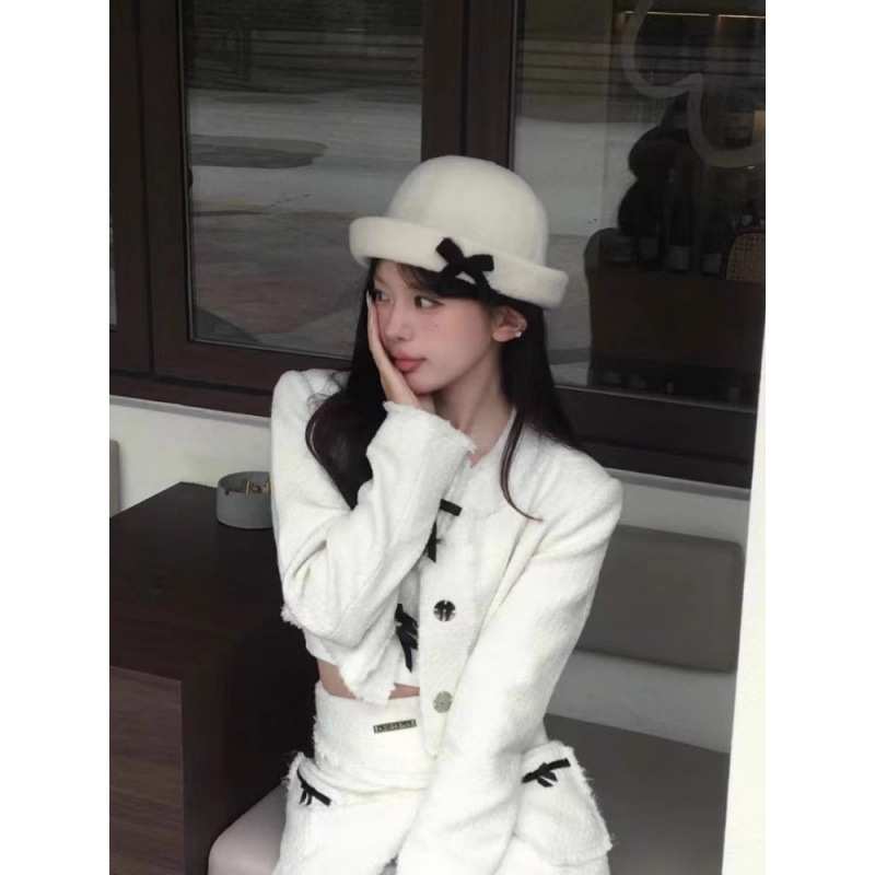 Hepburn daughter style bow basin hat female face small retro hazy fisherman hat niche college style sweet girl hat