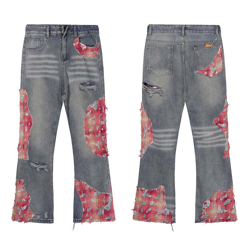 Herenkleding Retro Kant Patchwork Gescheurd Ontwerp Rechte Jeans Herenmode Merk Losse Versleten Wijde Broek_voghion.com