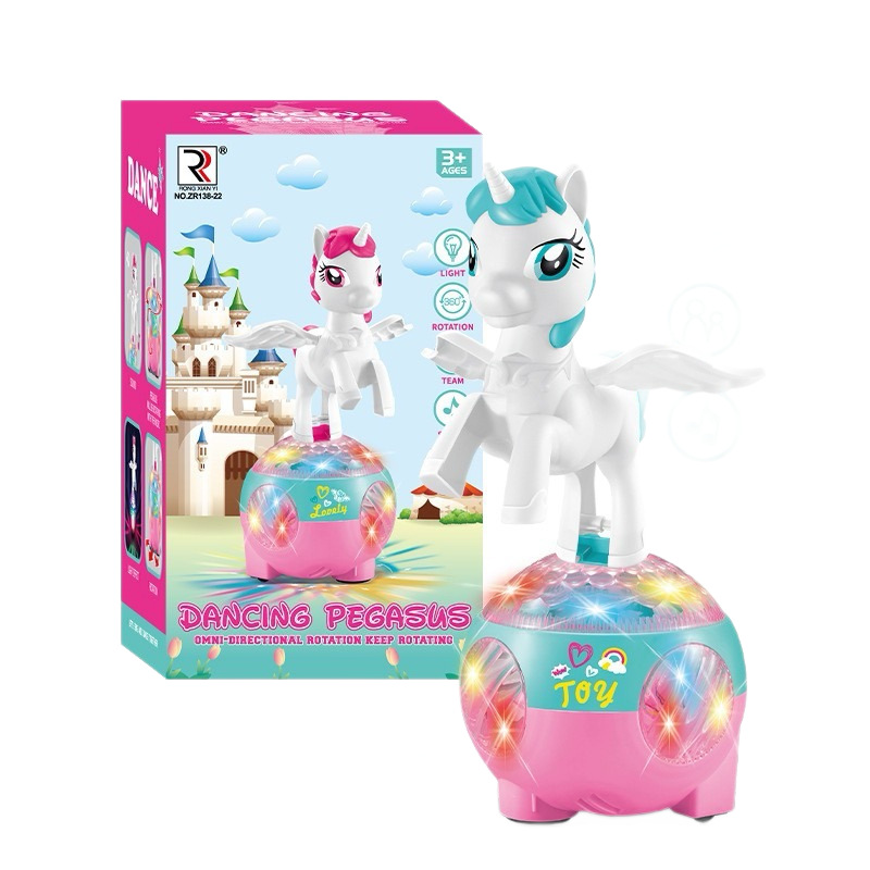 Cartoon transfronterizo eléctrica universal danza iluminación escenario juguete unicornio se moverá girar juguetes de Navidad para niños