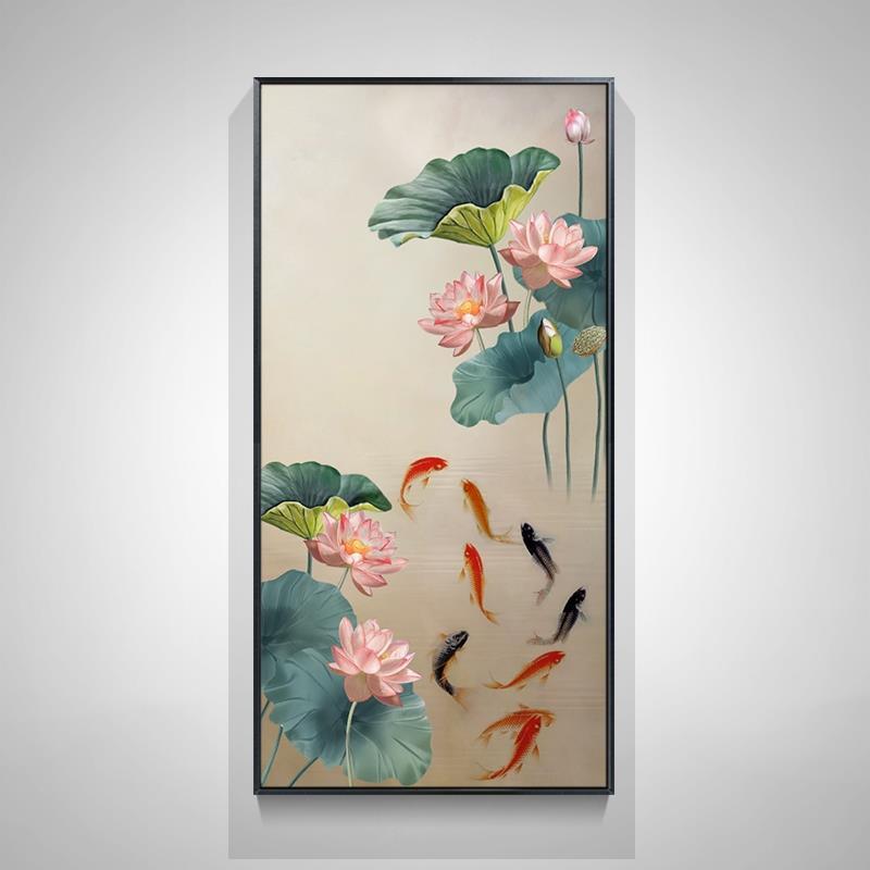 蓮と魚の絵スプレー油絵玄関装飾絵画垂直バージョン新中国風のリビングルームライト高級ハイエンド吊り絵画|undefined
