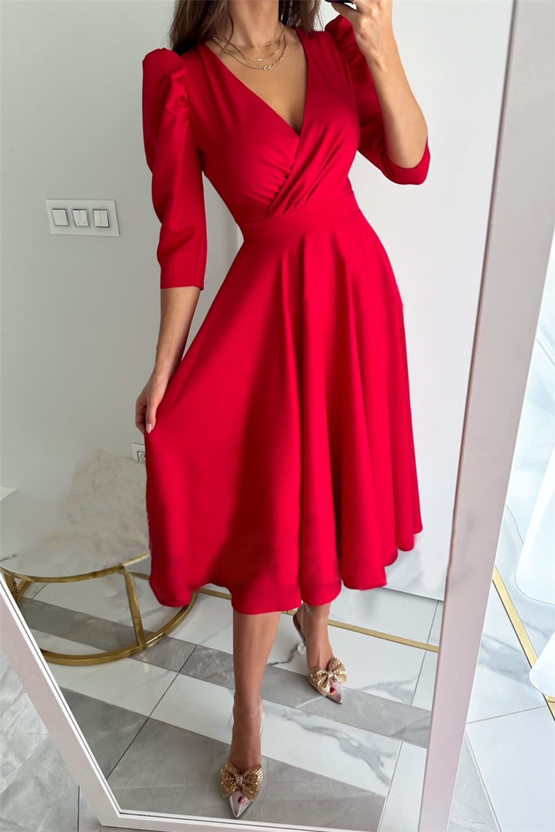 Wholesale Women's Casual Elegant Pleated Solid Color Holiday Daily V Neck 3/4 Length Sleeve Sheath Dress display picture 13