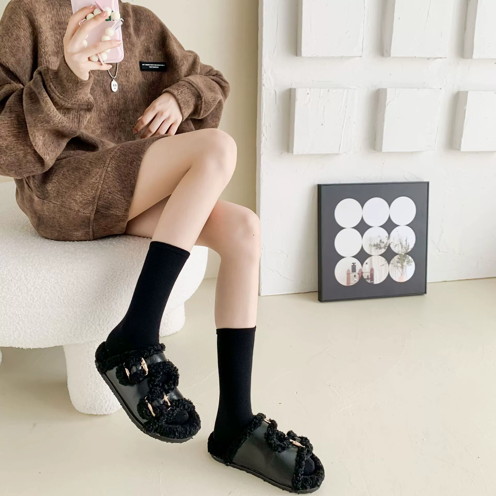 Autumn black knee socks, combed cotton, mid-length