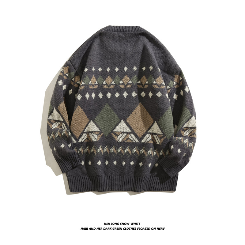 民族風日系復古菱セーターメンズ秋冬のゆったりとしたファッション