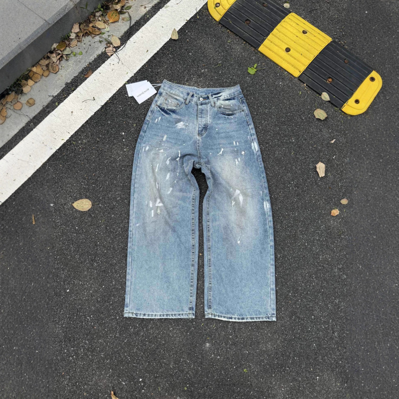 Trendy Correct Version Ac All-Season Popular Washed Splash Ink 1981m Distressed Ac Loose Baggy Jeans