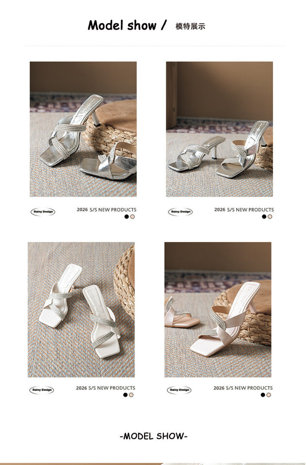 Dép sandal nữ quai ngang mũi vuông hở ngón đính đá hình rắn, gót cao 6–8 cm — Màu bạc, Màu hồng nhạt, Màu trắng ngà chi tiết 7