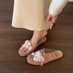 透明水晶鞋平底包头半拖鞋女鞋子外穿2025新款镂空渔网果冻鞋凉拖