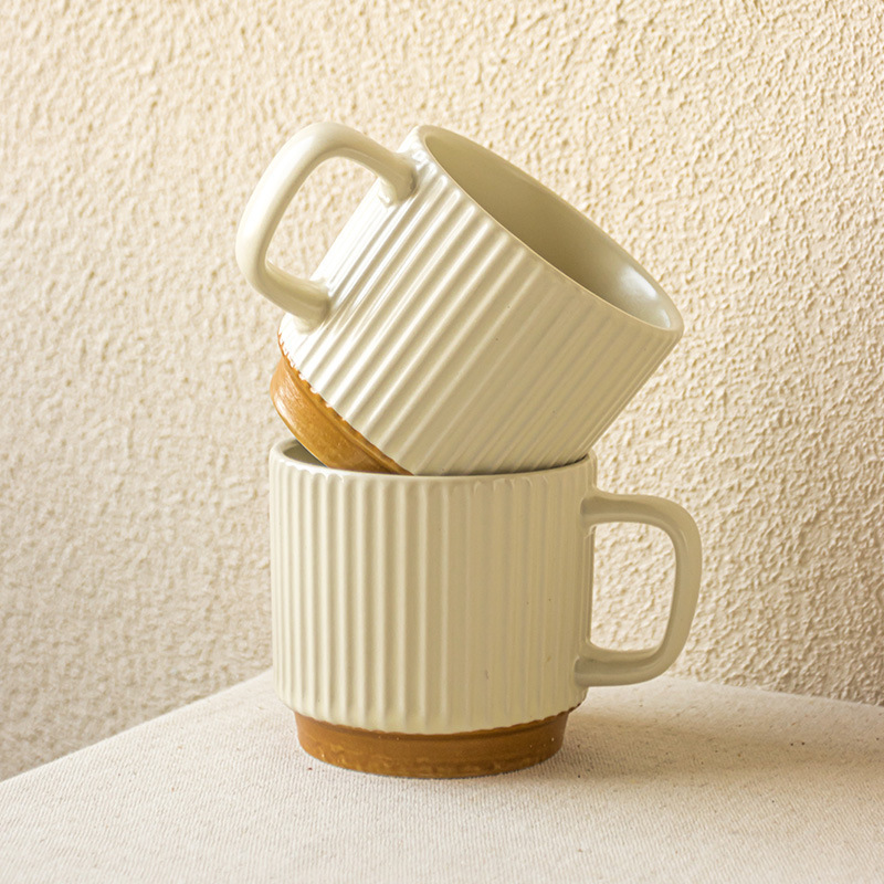 Creative Retro Style Mug Embossed Vertical Pattern Ceramic Water Cup Stacked Cup Coffee Cup Household Cup High Color Value Cup