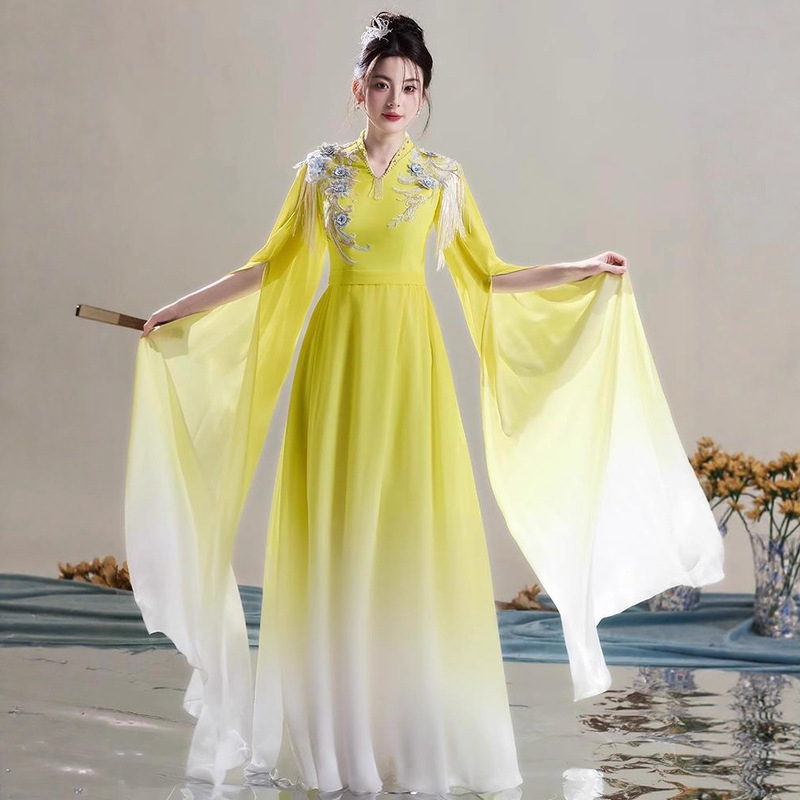 中国风大合唱演出服女长裙气质诗歌朗诵服装飘逸成人古筝演出服装|undefined