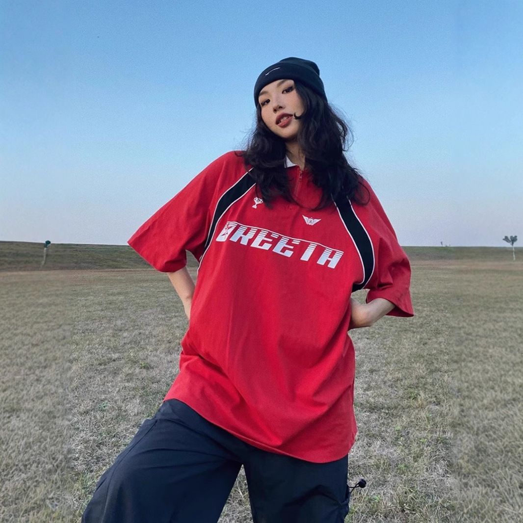 Nueva camisa POLO, solapa, uniforme de fútbol, mangas raglán, camiseta de manga corta, hombres y mujeres, moda nacional, costura estadounidense, contraste de color 2025