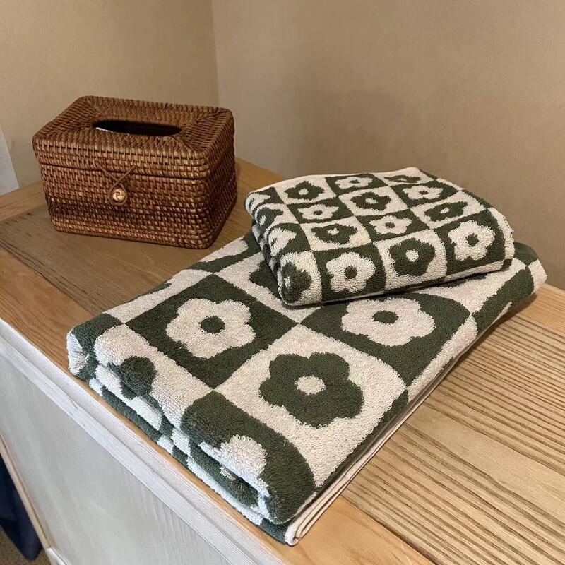 Foreign Trade Spot Ins Style Color Matching Plaid Flower Pure Cotton Towel Bath Towel Gift Factory Dropshipping Cotton Absorbent