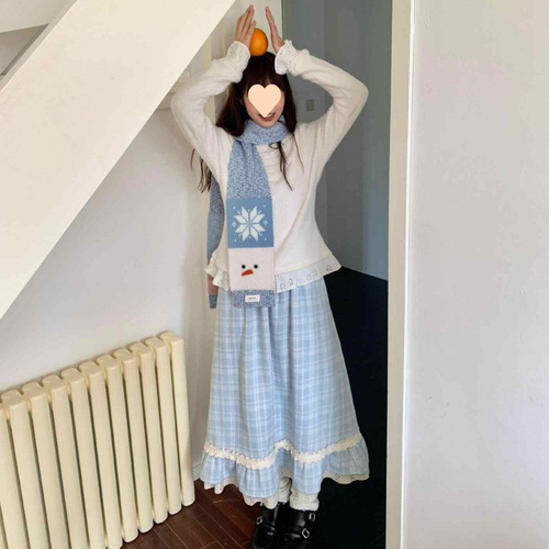 Japanese-style sweet girl lace floral gingham half skirt 2025 autumn winter college style slimming word skirt autumn winter item