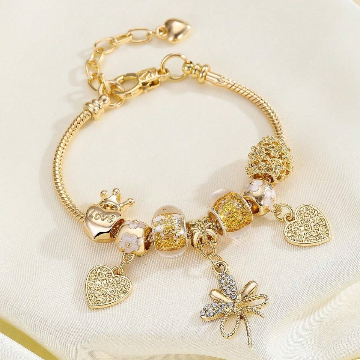 Brazalete Panjia, brazalete de cuentas DIY transfronterizo, arco de diamante de oro, joyería de moda de la corona de amor