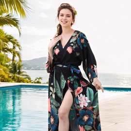 2025新款人棉沙滩罩衫孔雀印花防晒开衫比基尼大码罩衫跨境亚马逊